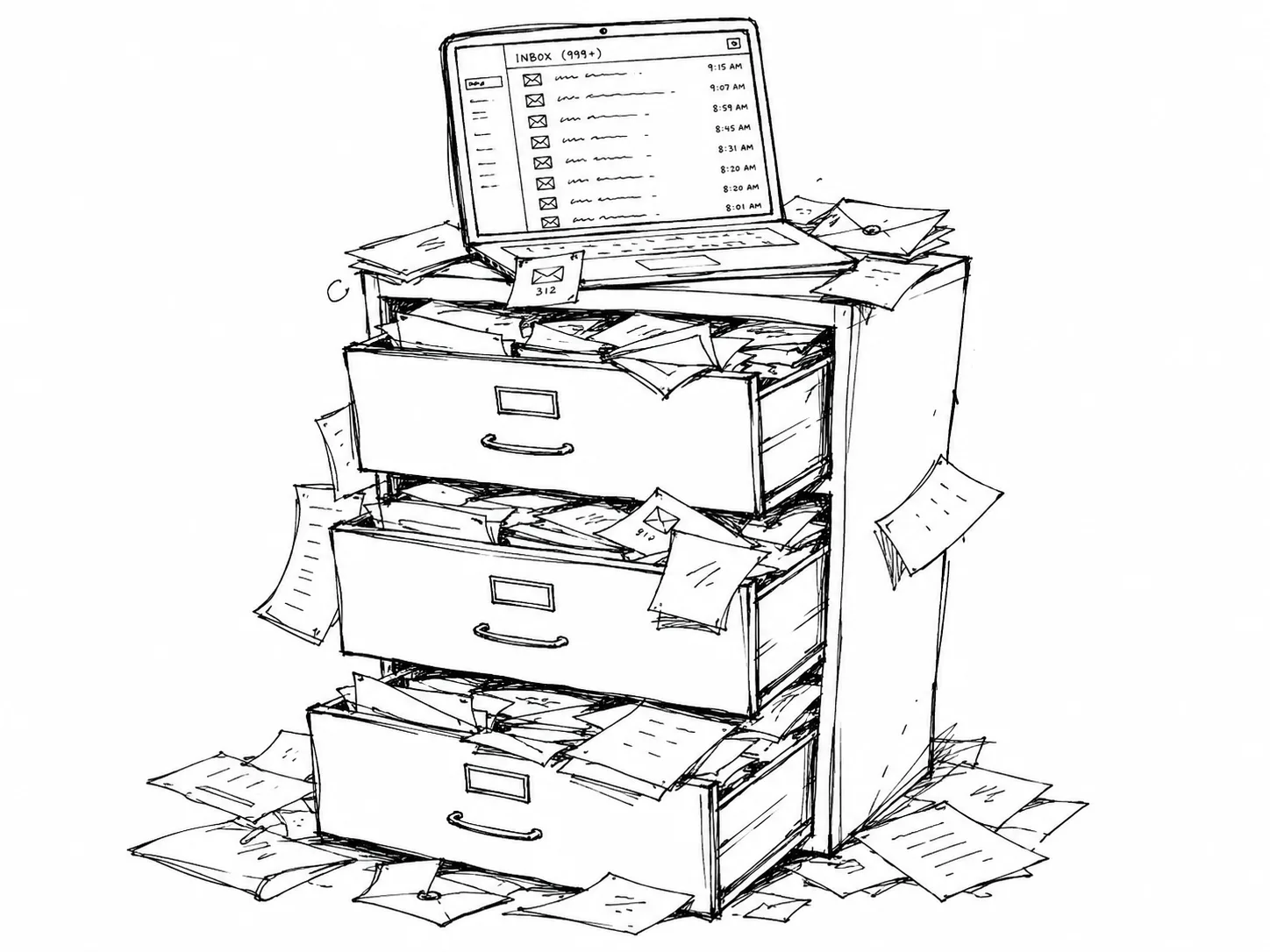 Filing cabinet overflowing with emails and papers