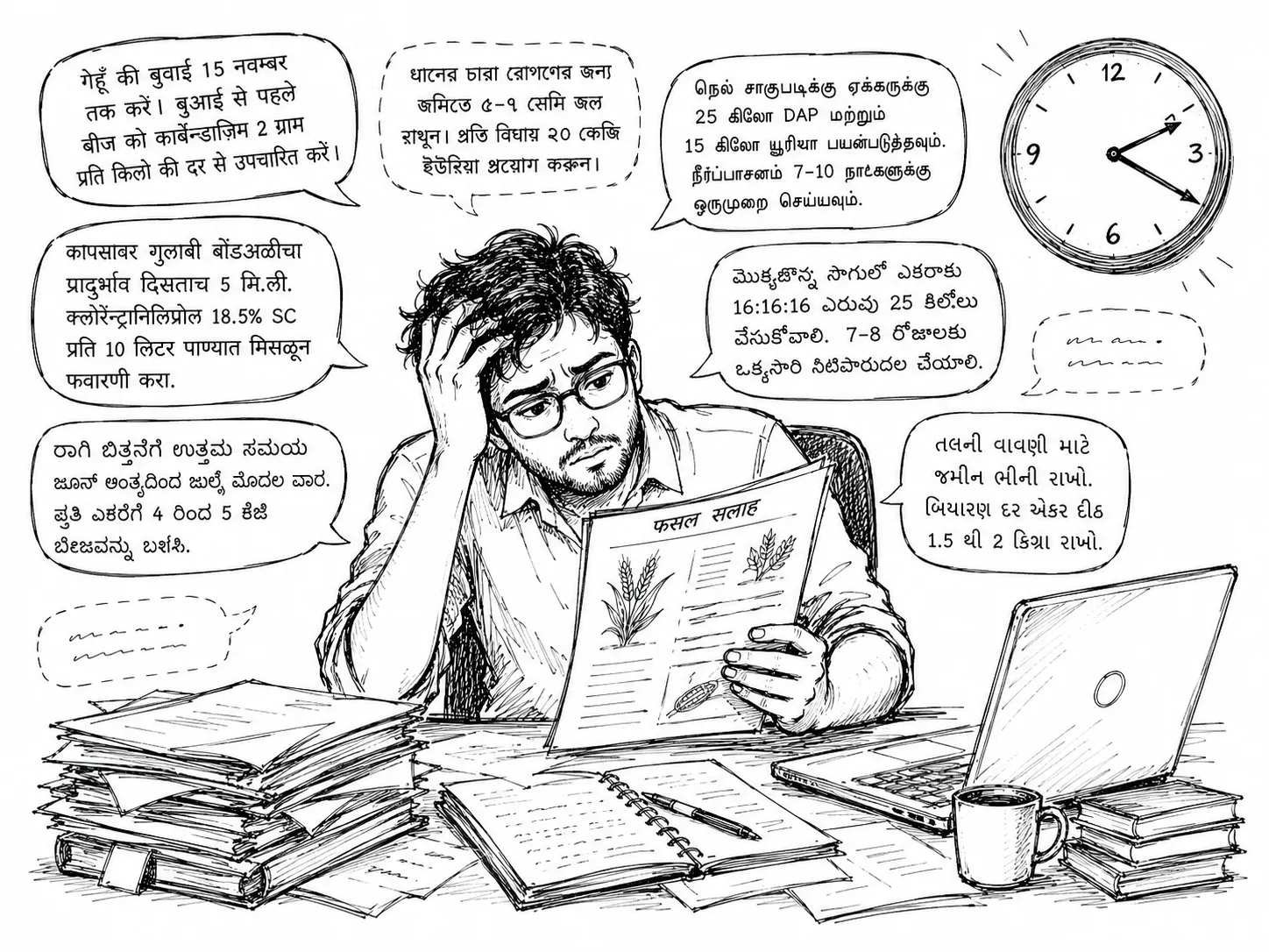 Researcher surrounded by multilingual advisory speech bubbles