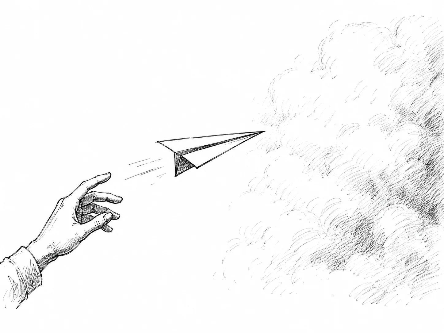 Paper airplane flying into dark clouds