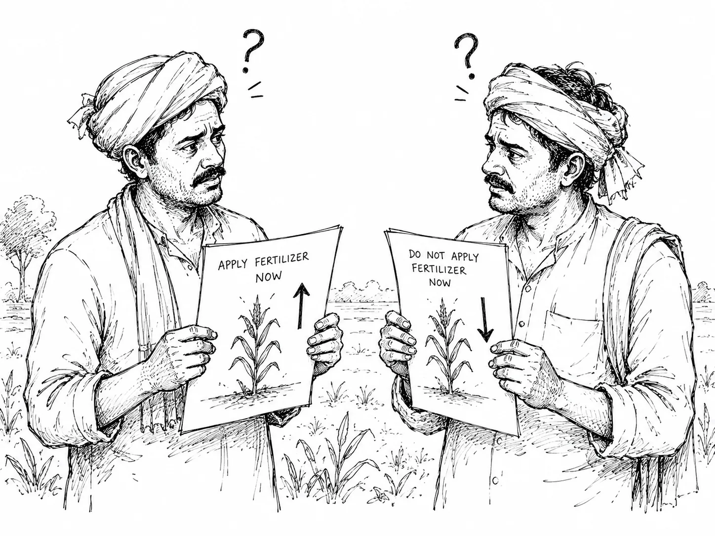 Two farmers holding contradictory advisories